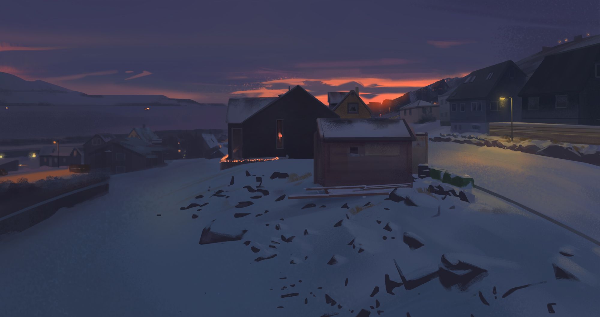 Digital illustration by Bjork. A town during winter. Houses in snow. Streetlights, sunset colors.