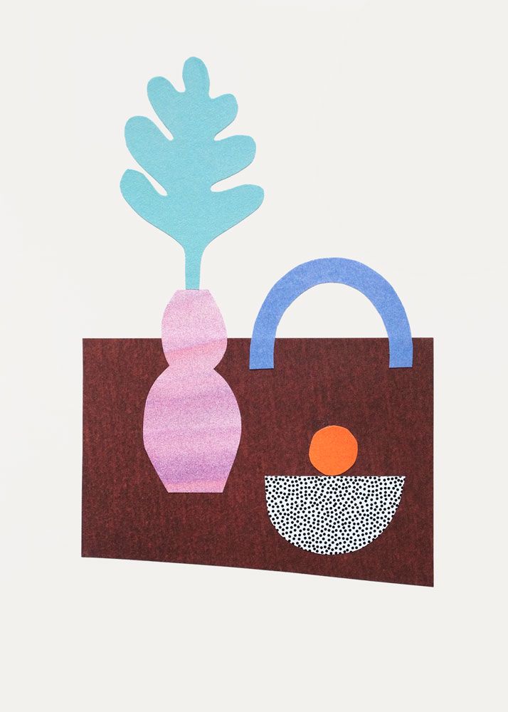 Minimal paper collage of Olga Szczechowska. A dessert ball and a vase with a plant on a table.