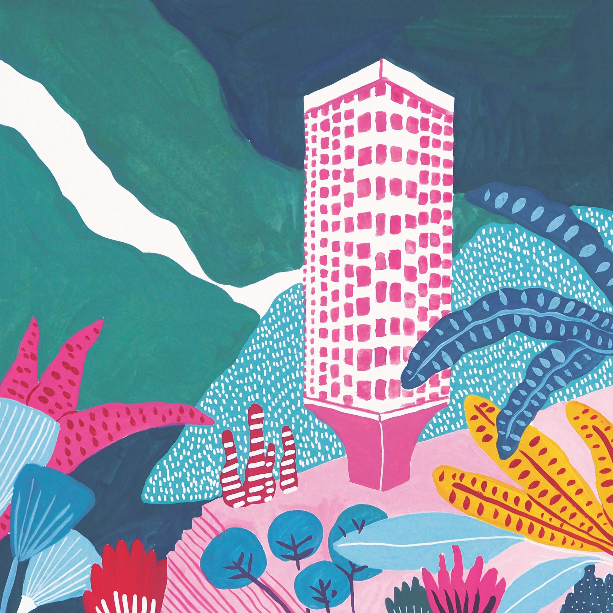 Claudia Melchor's painting. A tower building in pink and blue plants.